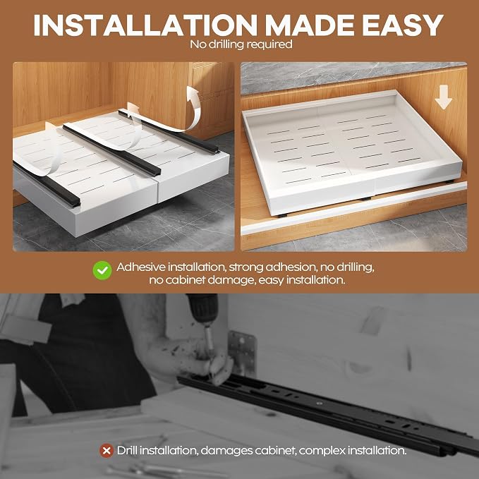 Seinloes 4 Pack Expandable Pull Out Cabinet Organizer 21"Deep With Raising Pad for Framed Cabinets,Upgrade 3 Slide Rails Slide Out Drawers,Roll Out Shelves Adhesive,Adjustable Width 15.15"-26.3" White