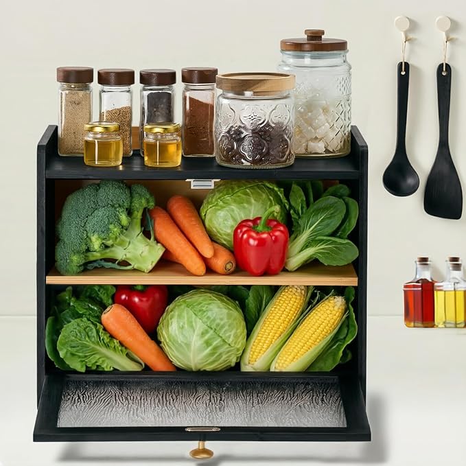 Bamboo Bread Box for Kitchen Countertop, 15.7x9.8x12.6 in, Black Color | Double Layer Bread Box, Fluted Acrylic Doors, Farmhouse Bread Box for Homemade Bread, Loaves, Bagels, Muffins & Pastries