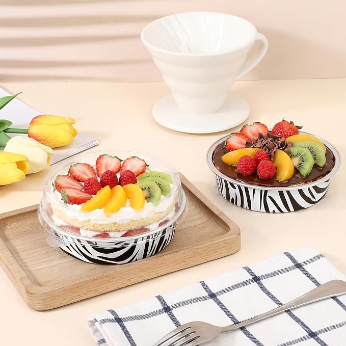 Beasea Mini Tart Pans with Lids 50 Pack, 4" 7.3oz Disposable Aluminum Foil Baking Tins Cups Round Pie Container for Individual Cupcake Dessert Muffin Cheesecake Quiche - Zebra Stripes