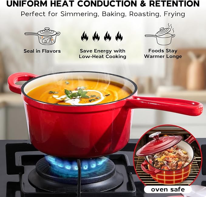 Onader Cast Iron Sauce Pan Pot, 1QT & 2QT & 3QT Small Saucepan with Lid, Enameled Cast Iron Dutch Oven Cooking Kitchen Pot, Nonstick & Heavy Duty – Red