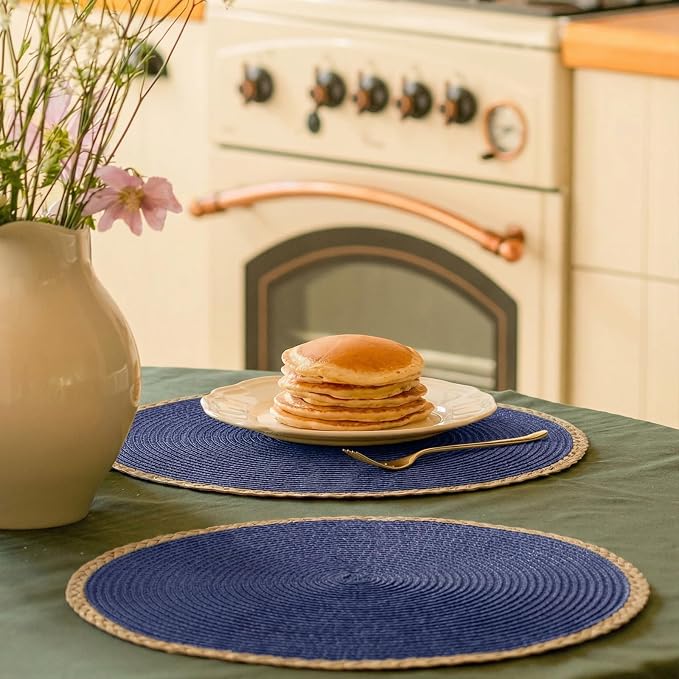 Round Placemats Set of 6, Woven Table Mats, Thin Edge, Navy Blue | Braided Paper Edge, 15 Inch Diameter, Fits Dinner Plate and Flatware, Wipeable, Heat Resistant, Indoor Dining, Outdoor Patio