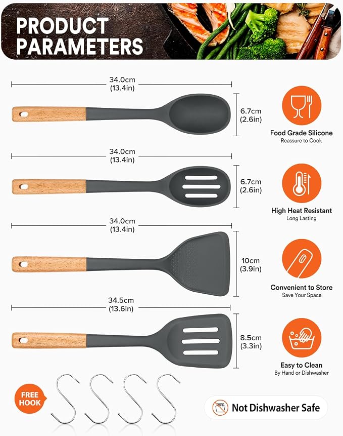 Silicone Cooking Utensils Set, Safe for Nonstick Cookwares, Grey | Perfectly Angled for Frying, Mixing,Serving,Draining,Turning and Stirring, BPA-Free Matte Silicone, Wood Handles,4 Pack
