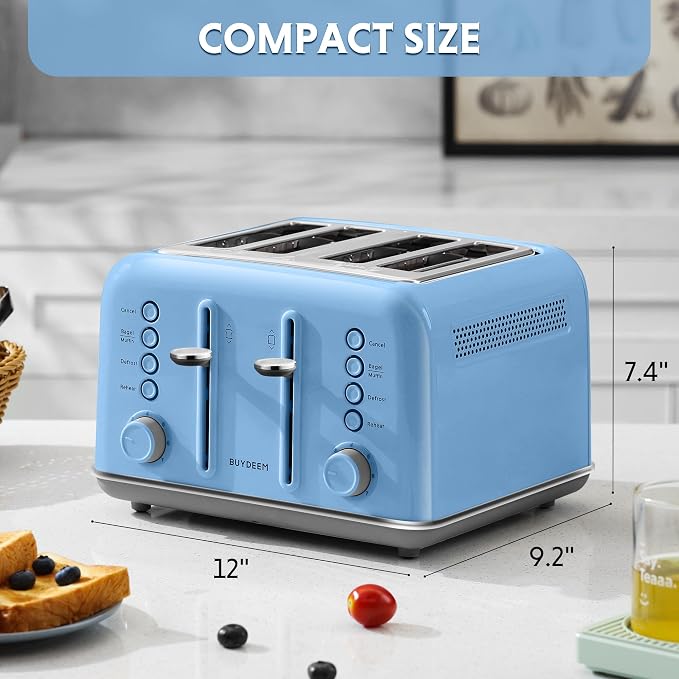 BUYDEEM DT640 4-Slice Toaster, 7 Shade Settings, Extra Wide 1.5’’ Slots for Bagel & English Muffin, 6 Toasting Functions, Retro Stainless Steel Toaster with High Lift Lever, 1800W, Blue