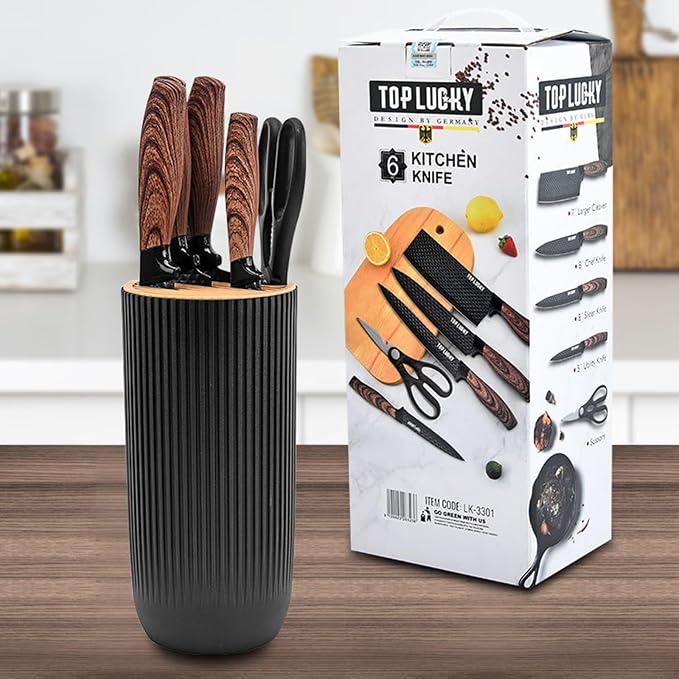 Kitchen Knife Set, Retrosohoo 6-Pieces Khaki Sharp Knife Block Set for Kitchen, Non-stick Non-slip Stainless Steel Chef Knife Set with Universal Knife Block Suitable for Home Restaurant (Black)