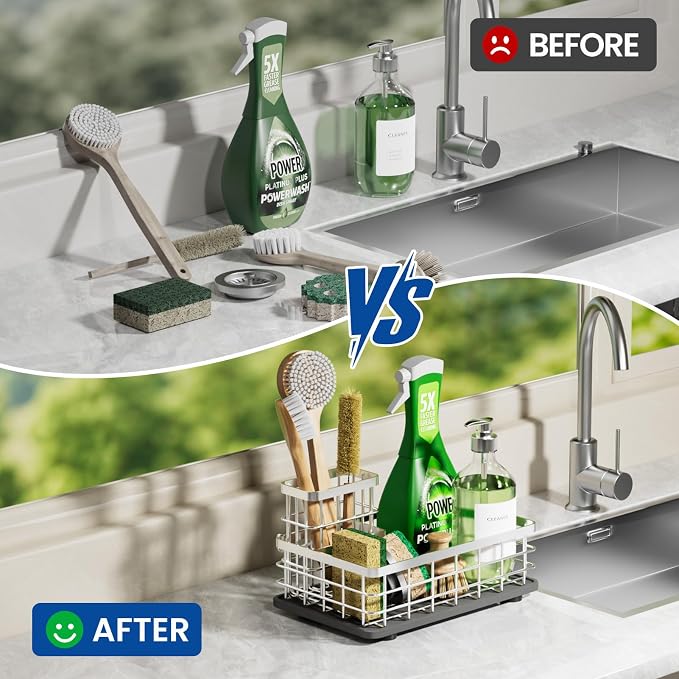 Kitchen Sink Caddy Organizer with Sponge & Brush Holder, Stone Drying Mat | Extra-Large Kitchen Countertop Organizer, Stainless Steel Kitchen Sink Accessories with Quick-Dry Soap Tray for Fewer Stains