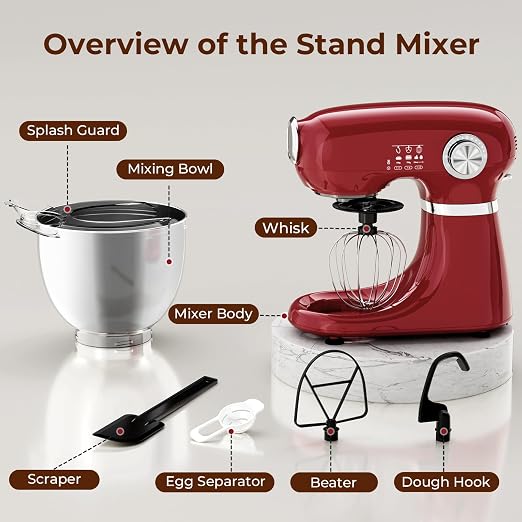Electactic 5.3 Quart Electric Stand Mixer With 12 Speed, Low Noise | Electric Mixer With Tilt Head, Kitchen Mixer for Daily Use with Egg Whisk, Dough Hook, Flat Beater, Anti-slip Suction Cup