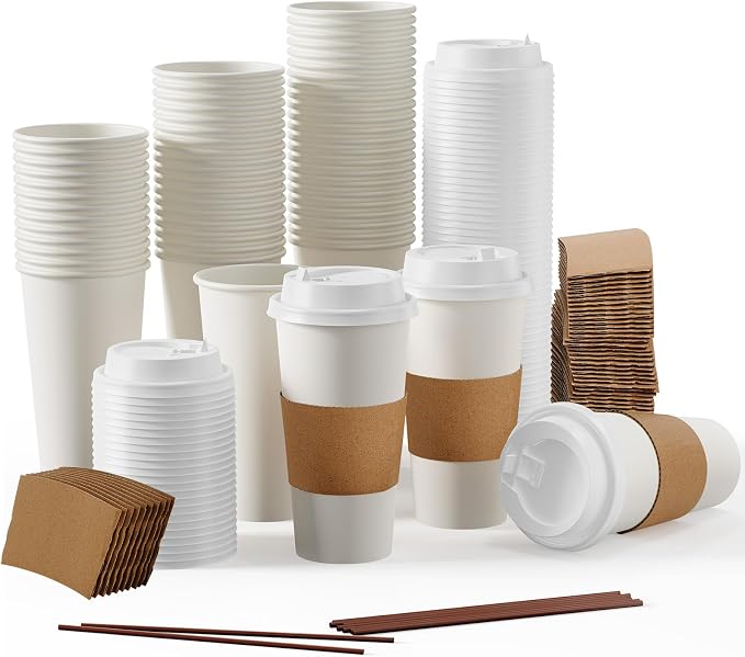 JOLLY PARTY [50 Pack] 20 oz Paper Coffee Cups, Disposable Paper Coffee Cup with Lids, Sleeves, and Stirrers, Hot/Cold Beverage Drinking Cup for Water, Juice or Tea, Suitable for Home, Shops and Cafes