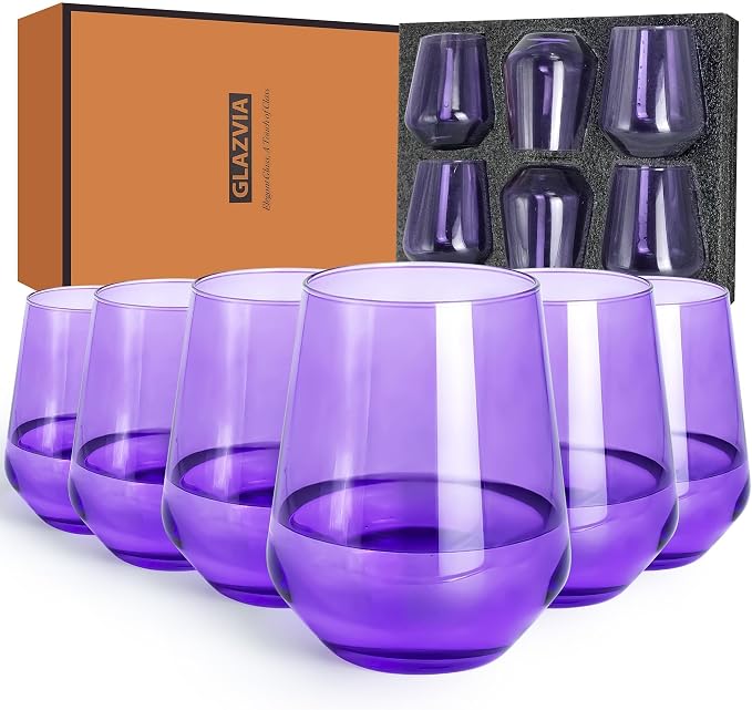 Purple Stemless Wine Glasses Set of 6, 15oz Drinking Glassware Dishwasher Safe, Wine Glass Tumblers for Red or White, Gift for Party, Holiday, Anniversary, Restaurant, Home Bar, Daily Use