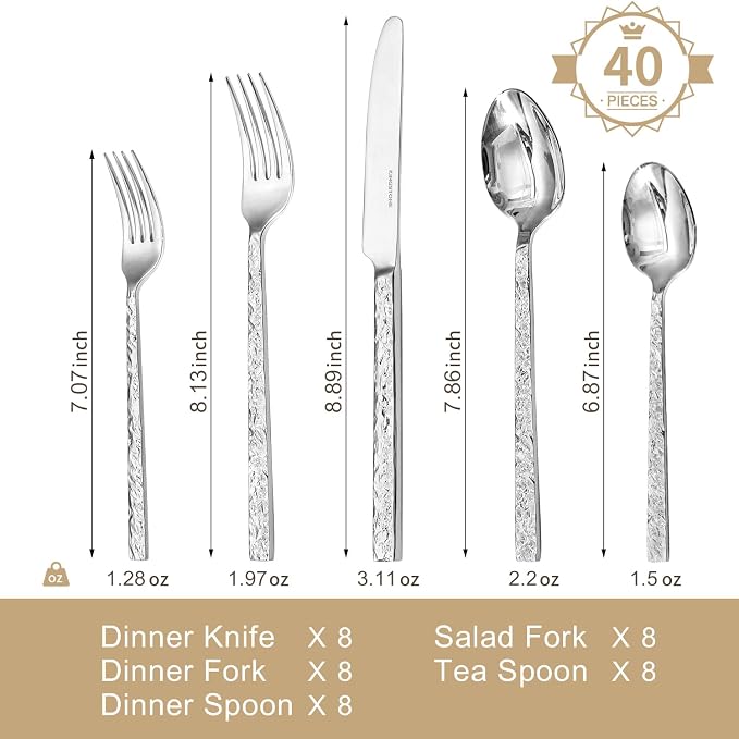 40 Pcs Hammered Silverware Set for 8, 18/10 Stainless Steel Heavy Duty Flatware Set, Tableware Cutlery Utensil Sets for Home Restaurant Dishwasher Safe