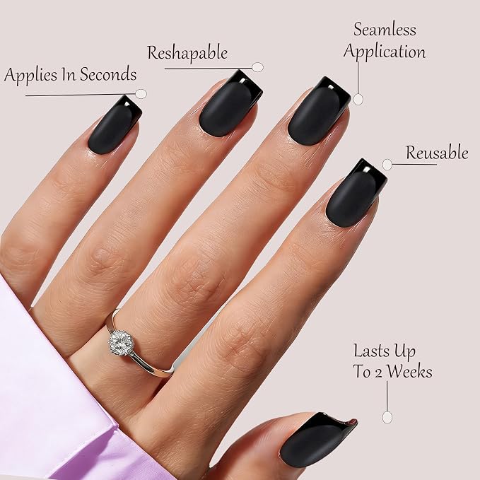Press On Nails,Black,Short Square,Glossy French Tips With Matte | Salon-Quality Natural Nails, 10-Minute Easy Daily Application,2+ Weeks Wear, Fast Removal, 16 Sizes, All-in-One Complete Kit