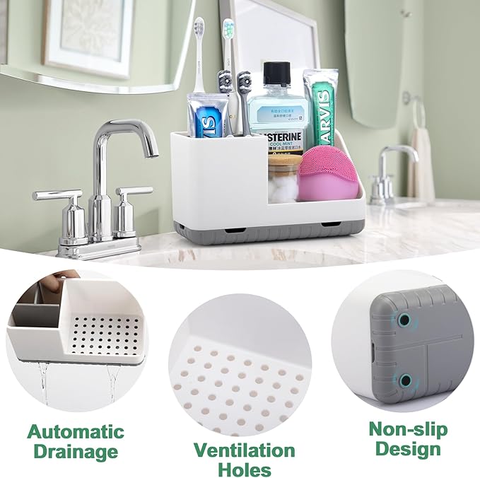 Toothbrush Holders for Bathrooms, Toothbrush and Toothpaste Holder (Grey) | Easy To Clean, Drainage, Non-Slip, Detachable, Kids Electric Toothbrush Organizer for Bathrooms Countertop Organizer