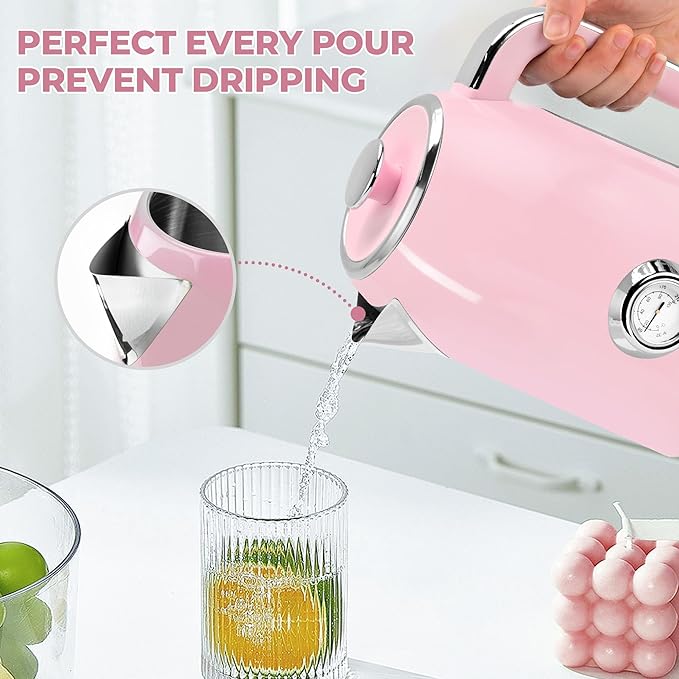 SUSTEAS 57oz Electric Kettle with Thermometer, Hot Water Pot, Pink | Electric Tea Kettle for Boiling Water, 1500W Stainless Steel Pot, Cordless LED Indicator, Auto Shut-Off & Boil Dry Protection