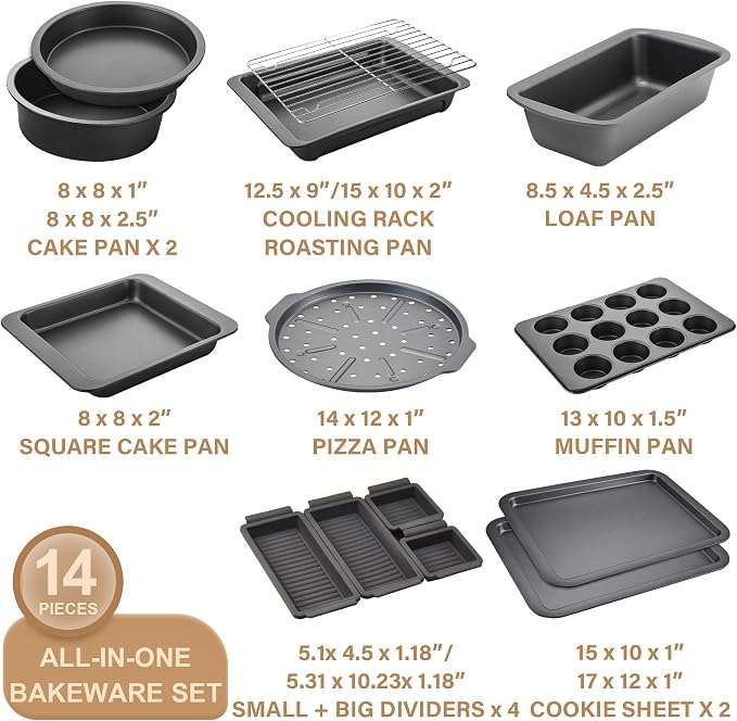 Bakeware Sets, Baking Pans Set with Reusable Silicone Sheet Trays Dividers, Nonstick Oven Pan with Wider Grips, 14-Piece Including Rack, Cookie Sheet, Cake, Loaf, Muffin, Pizza Pan