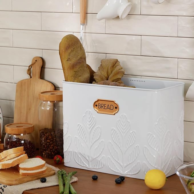 Extra Large Plant Pattern Embossed Bread Box with Bamboo Lid | Corner Breadbox for Homemade Bread, White Metal Bread Storage Container Bin for Kitchen Countertop, Fits 2 Loaves of Bread