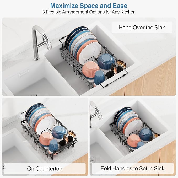 Expandable Dish Drying Rack for Large Kitchen Sink, eavy Duty Adjustable Over Sink Dish Drainer with Square Corners, Rust Resistant with Lock Knob, Fit for Modern Single & Double Sinks, Black