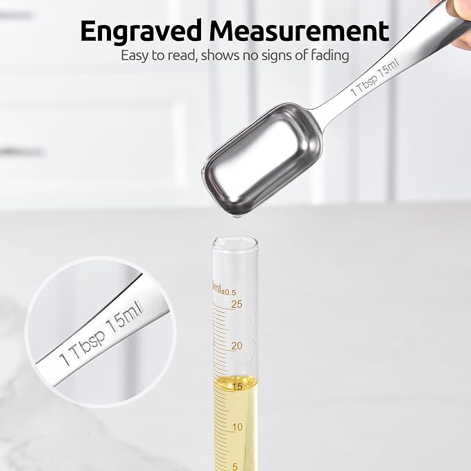 U-Taste Narrow Square Measuring Spoons, Metal Measure Set of 7 with Leveler | Long Handle Rectangular Teaspoon Tablespoon, 18/8 Stainless Steel Polygons Measure Spoon Set, Narrow Scoop for Spice Jars