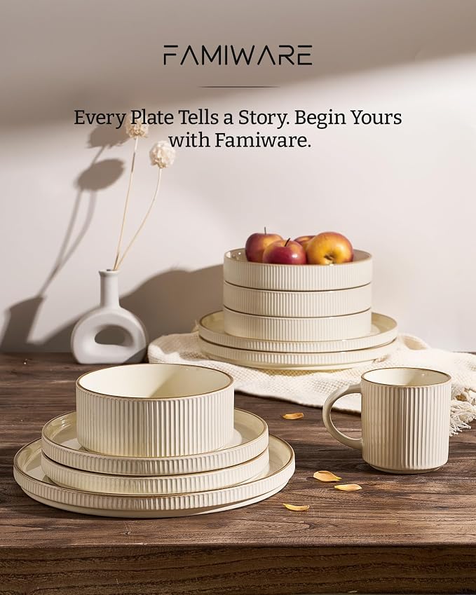 Famiware Star Stoneware Dinnerware Sets with Pasta Bowls, 16pc Dishes for 4 | Ceramic Plates and Double Bowls with Rim. Chip & Scratch Resistant. Microwave & Dishwasher Safe, Everyday & Formal Use, Cream