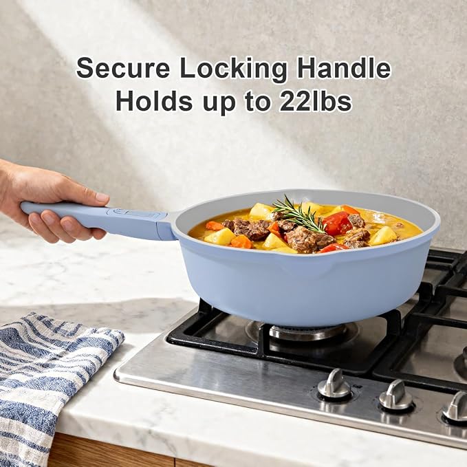 AIKENBBKK Pots and Pans Set Non Stick, Ceramic Cookware Set, Nonstick Steamer Pot and Pan for Cooking, Kitchen Cooking Set Non Toxic, Induction Compatible, Detachable Handle, Oven Safe, PFOA Free,Blue