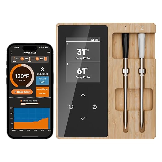 Wireless Smart Food & Meat Thermometer Digital with Dual Ceramic Probe | Standalone Display Base Real-time Monitoring ±0.5°F Accuracy,Heat-resistant,Bluetooth 3000FT Range iOS & Android APP Control
