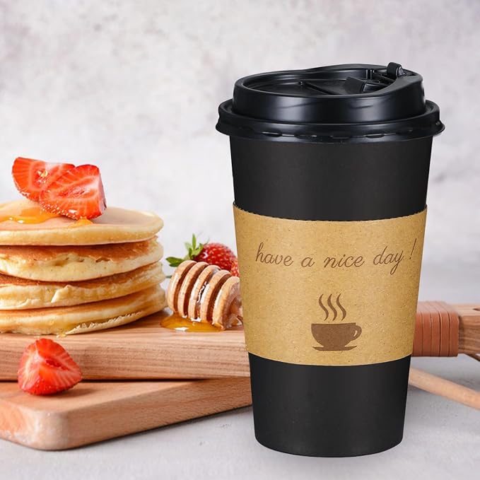 Lamosi 100 Pack 16 oz Coffee Cups, Disposable To Go Paper Cups with Lid | Hot Insulated Cups with Lids, Stir Sticks and Sleeves for Cold Drinks, Tea and Latte, Cafe, Travel and Home Use