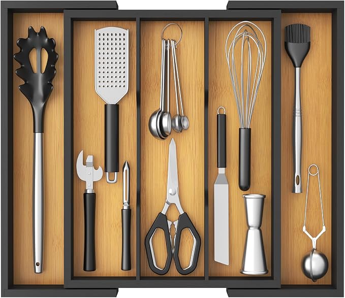 Lifewit Utensil Organizer for Kitchen Drawer, Expandable Cooking Utensil Tray, Cutlery Silverware Flatware Holder, Wood Adjustable Spatula Tools Storage Divider, 33-56x38cm, Natural and Black