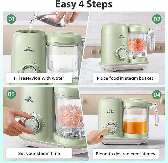 AMZBABYCHEF Baby Food Maker, 4 in 1 Baby Food Processor and Steamer, Puree Blender, Multifunctional Baby Puree Maker, Dishwasher Safe (Green)