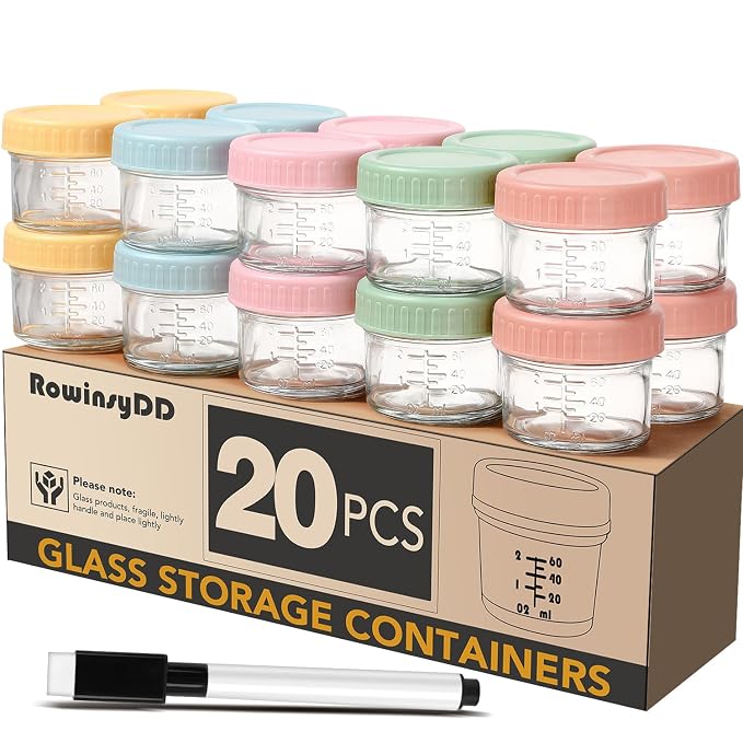 RowinsyDD 20 Pack Baby Food Containers, 4 oz Glass Baby Food Jars with Lids | Baby Food Storage Containers Small Baby Food Jars Glass with Lids Baby Food Containers for Freezer Microwave Safe BPA Free