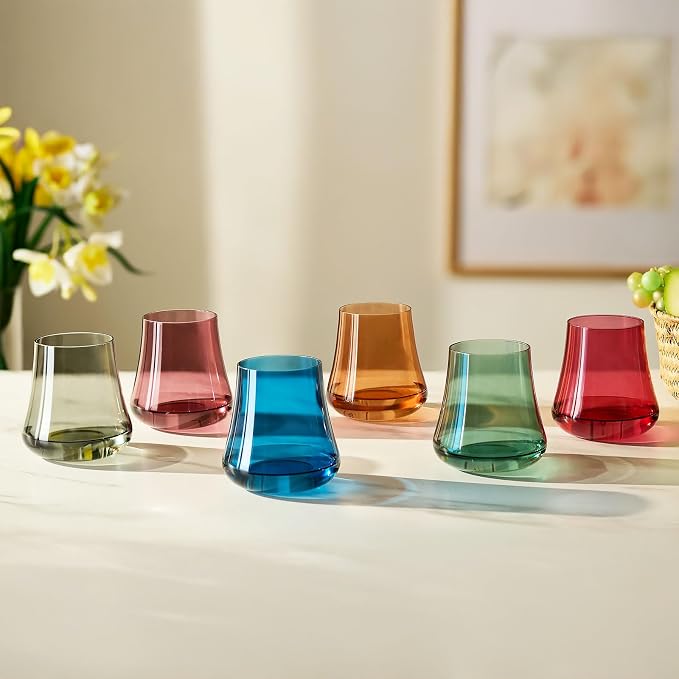 Colored Stemless Wine Glasses, 15oz Set of 6 | 6 Colorful No Stem Tumblers, Hand Blown Lead-Free Crystal, Stable Base, Party Wedding Dinner Daily Use, Ready to Gift