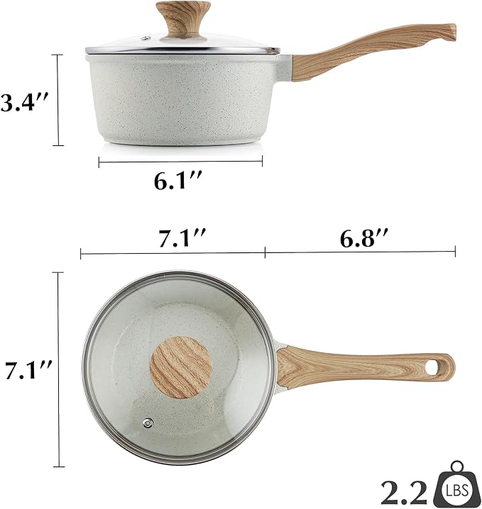 SENSARTE 2QT Ceramic Nonstick Saucepan with Lid, PTFE/PFAS/PFOS Free | Cooking Pot with Stay Cool Handle, Induction Compatible Saucepot, White Ceramic Coating