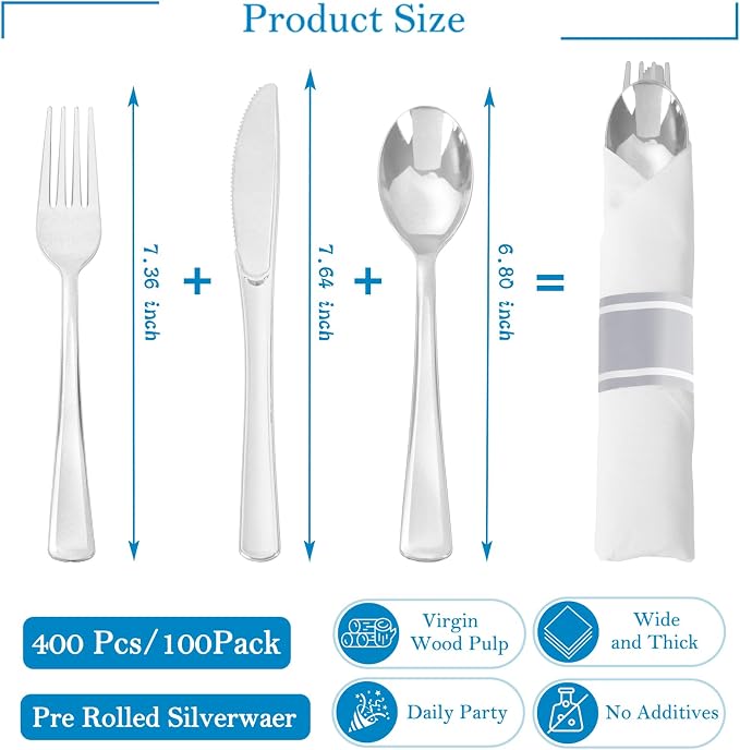 100 Pack Pre Rolled Silver Plastic Silverware with Napkins | Prewapped Rolled Silverware Disposable Wrapped Cutlery Set(100 Forks, 100 Knives, 100 Spoons) for Wedding Party Catering
