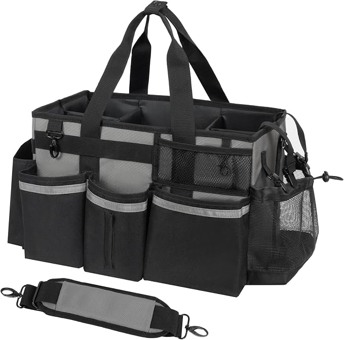 SCAVATA Wearable Cleaning Caddy, Cleaning Caddy Supplies Organizer with Handle & Shoulder Straps for Housekeepers, Under Sink & Car Cleaning Tool Organizers Bag with 4 Foldable Divider (MediumGrey)
