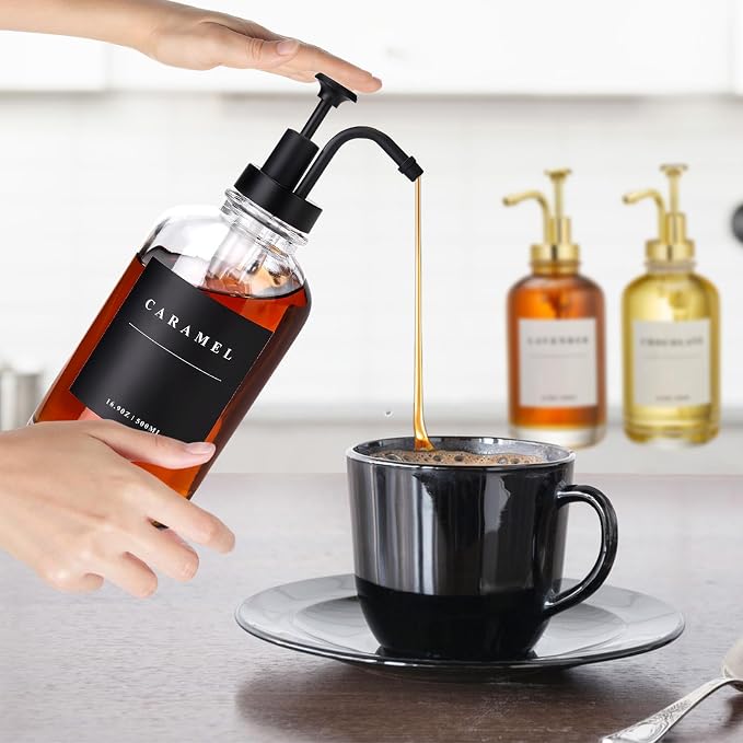 Coffee Syrup Dispenser for Coffee Bar, Coffee Syrup Pump Dispenser, Glass Syrup Bottle with Black Upgraded Pump, 4 Pack 16.9 oz 500 ml Syrup Dispensers, 28 Labels and Large Bamboo Tray