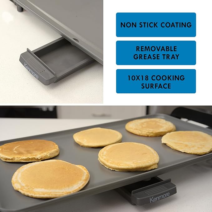 Kenmore Electric Griddle NonStick 1500W Adjustable Temperature 10"x18" Easy to Clean Large Cooking Surface Ideal for Pancakes Grilled Cheese Breakfast and Family Meals