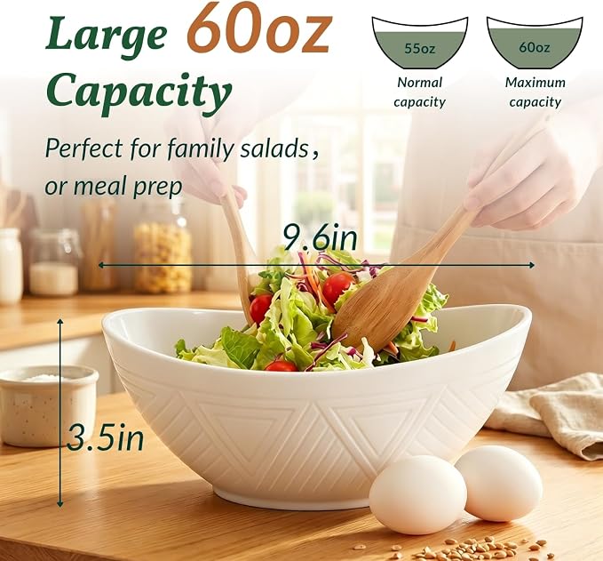 Wheat Straw Bowls, Large Salad Bowls Set of 6, 60 OZ Large Capacity Serving Bowl for Kitchen, Picnic, Camping,Lightweight Unbreakable Microwave and Dishwasher Safe Big Bowl - White