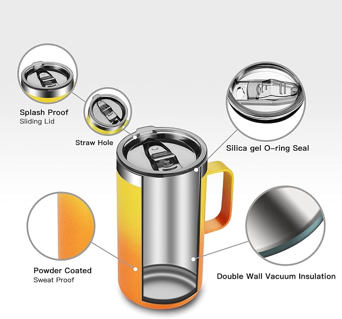 KXIAOCHEN 20 oz Insulated Coffee Mug, Coffee Cup with Lid and Wide Handle | 18/8 stainless steel, 6+ hours hot or 12+ hours cold, wide mouth, no-sweat exterior, for office, work, home and camping