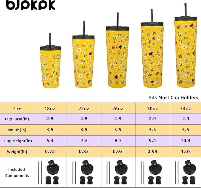 BJPKPK 18 oz Coffee Tumbler with Straw, Insulated Stainless Steel Cup | Double Wall Vacuum, Leak Proof, Keeps Hot/Cold, BPA Free, Cupholder Friendly, Travel, Hawaii Fruits-Yellow