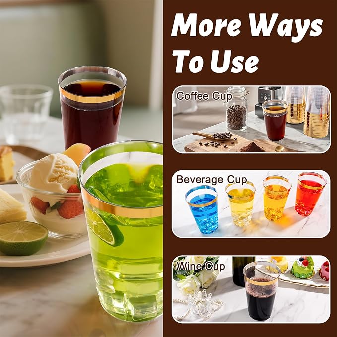 I00000 100 Pack 24 oz Gold Plastic Cups, Elegant Gold Rimmed Plastic Cups, Disposable Cocktail Glasses Wine Glasses, 24 oz Premium Tumblers Perfect for Birthday, Party & Wedding