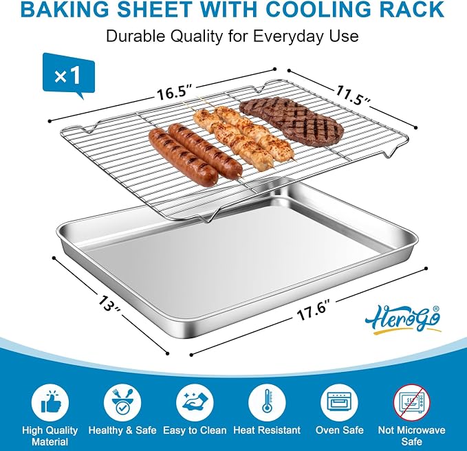 Herogo Large Stainless Steel Half Sheet Baking Pan with Rack Set, 18" x 13" x 1" Big Metal Baking Tray with Cooling Rack Set for Oven Roasting, Rust & Warp Resistant & Nonstick(1 Pans + 1 Racks)