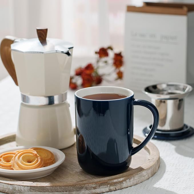 CEEFU 16oz Porcelain Tea Mug with Infuser, Lid and Coaster | Teaware with Filter, Loose Leaf Tea Cup Steeper Maker, Tea/Coffee/Milk/Women/Office/Home/Gift, Navy Blue