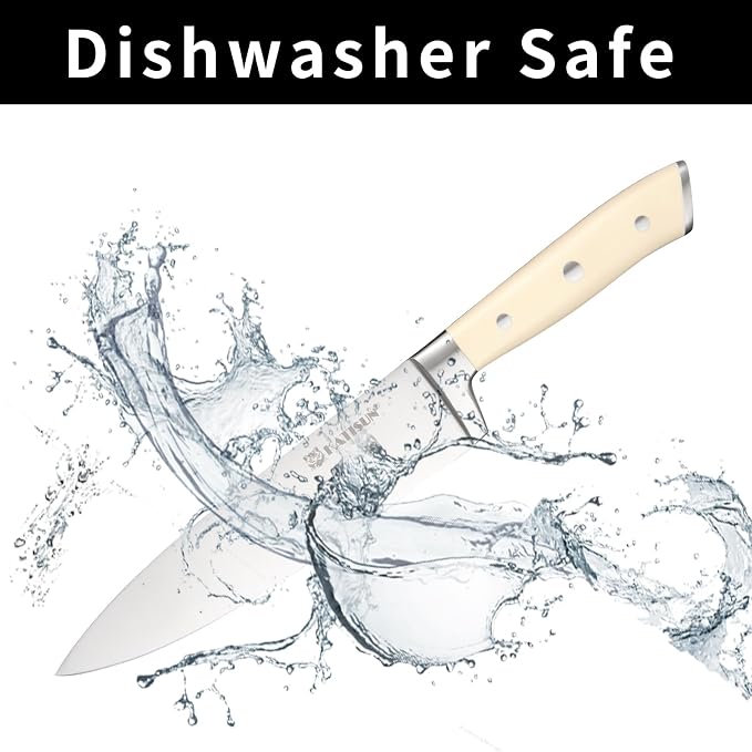 16-Piece Extra-Long Handle German Steel Knife Set with Block | Creamy White Cutlery For Large Hands & Better Leverage. Features Built-In Sharpener, Shears & Modern Base