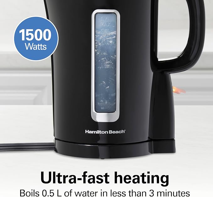 Hamilton Beach 1.7 Liter Electric Tea Kettle, Water Boiler & Heater | Fast Boiling 1500 Watts | BPA Free | Cordless Serving | Auto-Shutoff & Boil-Dry Protection | Black | 41038G