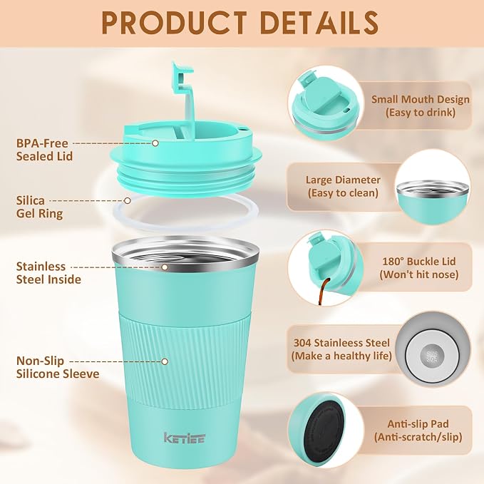 KETIEE Travel Mug 12oz: Vacuum Insulated Coffee Mug with Leakproof Lid, Travel Coffee Mug, Stainless Steel Double Walled Reusable Coffee Cup for Hot and Iced Coffee Tea Water (Blue) | Travel Coffee Mug, Stainless Steel Double Walled Reusable Coffee Cup...