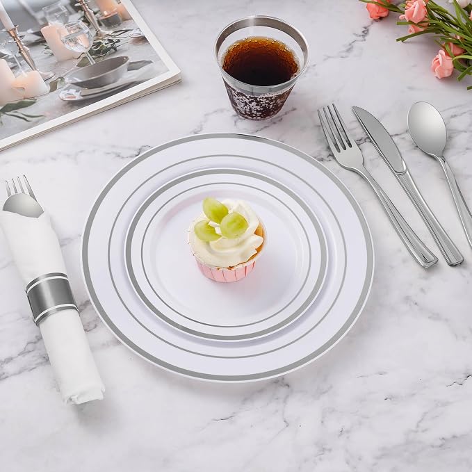 490 Piece Silver Plastic Dinnerware Set for 70 Guests | Disposable Dinnerware Includes: 70 Dinner Plates, 70 Dessert Plates, 70 Pre Rolled Napkins with Silverware, 70 Cups