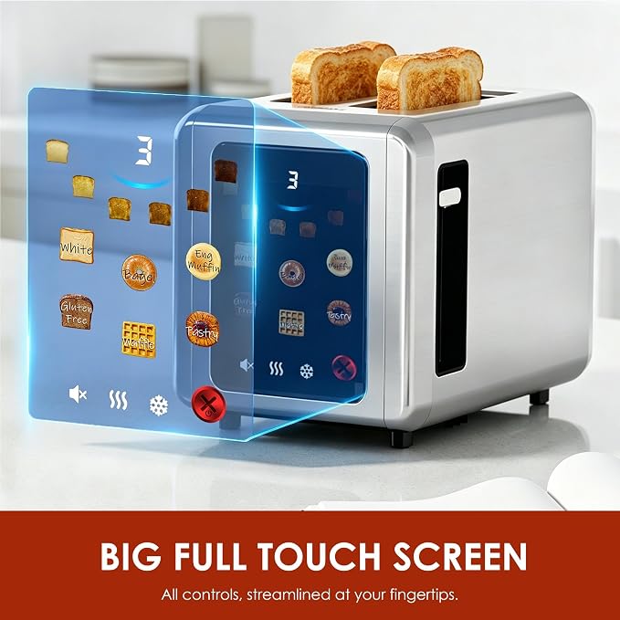 WHALL Full Touch Screen Toaster 2 Slice, Smart Toaster for Bread, Silver | 1.5'' Extra Wide Slot, 6 Shade Settings, Reheat/Defrost/Mute/Standby, Gluten-Free Waffle Pastry Mode, Stainless Steel, Silver
