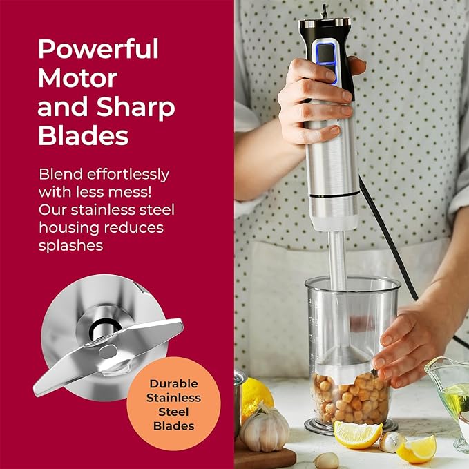 Mueller Immersion Blender Handheld - 8 Speed Stainless Steel Electric Hand Blender, Emulsion Blender Stick Kitchen Gadget with Turbo Mode | Stainless Steel | 8 Speed Settings with Turbo Mode | Electric Hand Blender