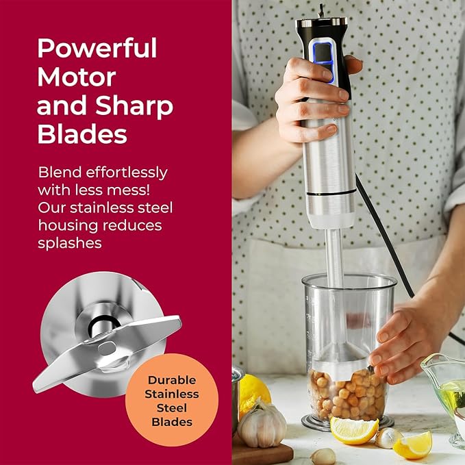 MuellerLiving Ultra-Stick Immersion Hand Blender, 500W Heavy Duty Motor, 8-Speed Turbo Setting, Includes Blending Shaft, Whisk, Milk Frother & Measuring Beaker | 500W Heavy Duty Motor | 8-Speed Turbo Setting | Includes Blending Shaft, Whisk, Milk Froth...