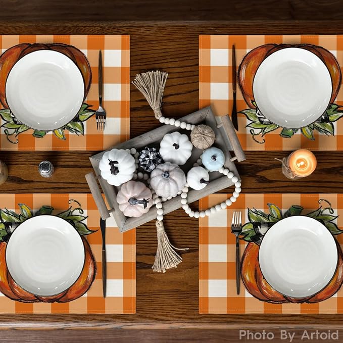 Artoid Mode Buffalo Orange Plaid Pumpkin Fall Placemats Set of 4, 12x18 Inch Seasonal Autumn Table Mats for Party Kitchen Dining Decoration | Heat-Resistant Table Mats, Washable Seasonal Autumn Buffalo Plaid Kitchen Dining Decor