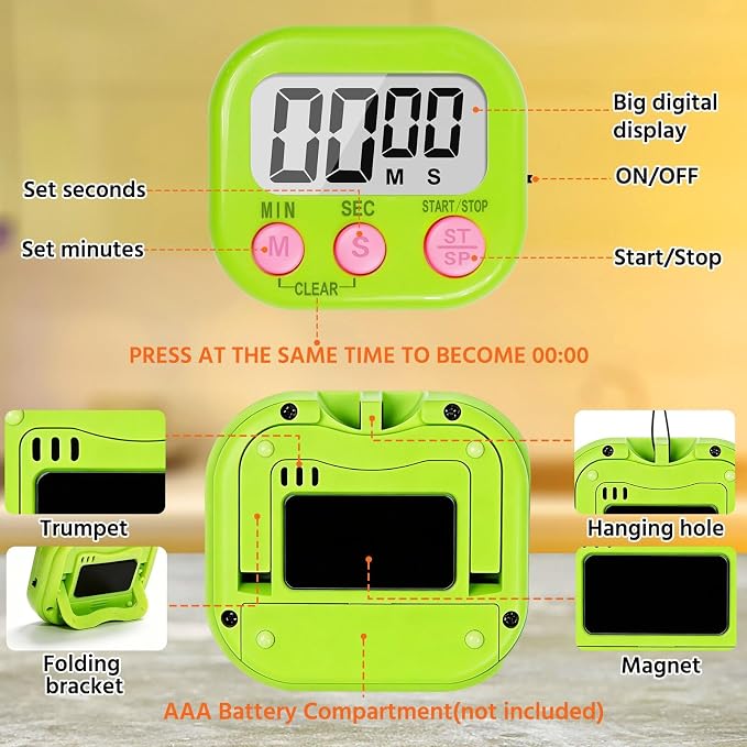 12 Pack Digital Kitchen Timers for Cooking, Loud Alarm Large LCD Display Magnetic Classroom Timers for Teachers Kids, Extensively Use in Classroom, Cooking, Meeting, Gym