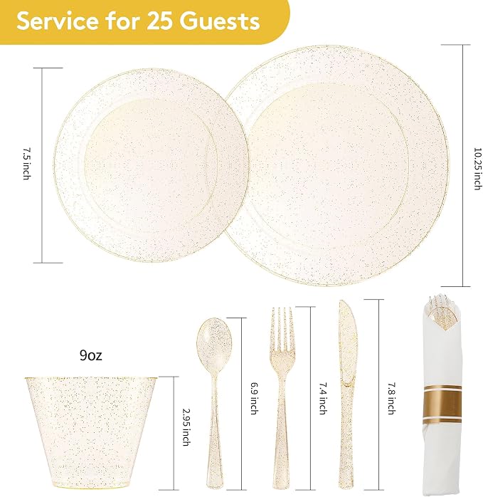 175 Piece Gold Glitter Plastic Dinnerware Set for 25 Guests | Disposable Dinnerware Includes: 25 Dinner Plates, 25 Dessert Plates, 25 Pre Rolled Napkins with Silverware, 25 Cups