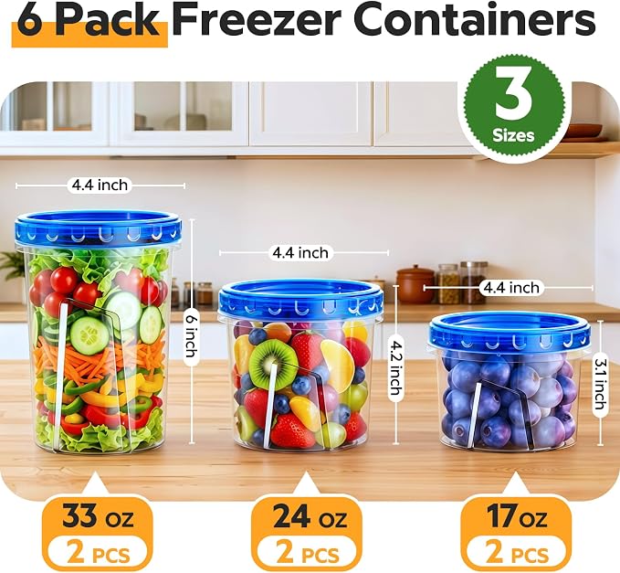 HOMETALL Freezer Storage Containers, [6 Pack- 33/24/17 OZ] Airtight Plastic | Twist Top Lids, Soup, Meal Prep Containers | BPA Free | Stackable | Leakproof | Microwave Safe